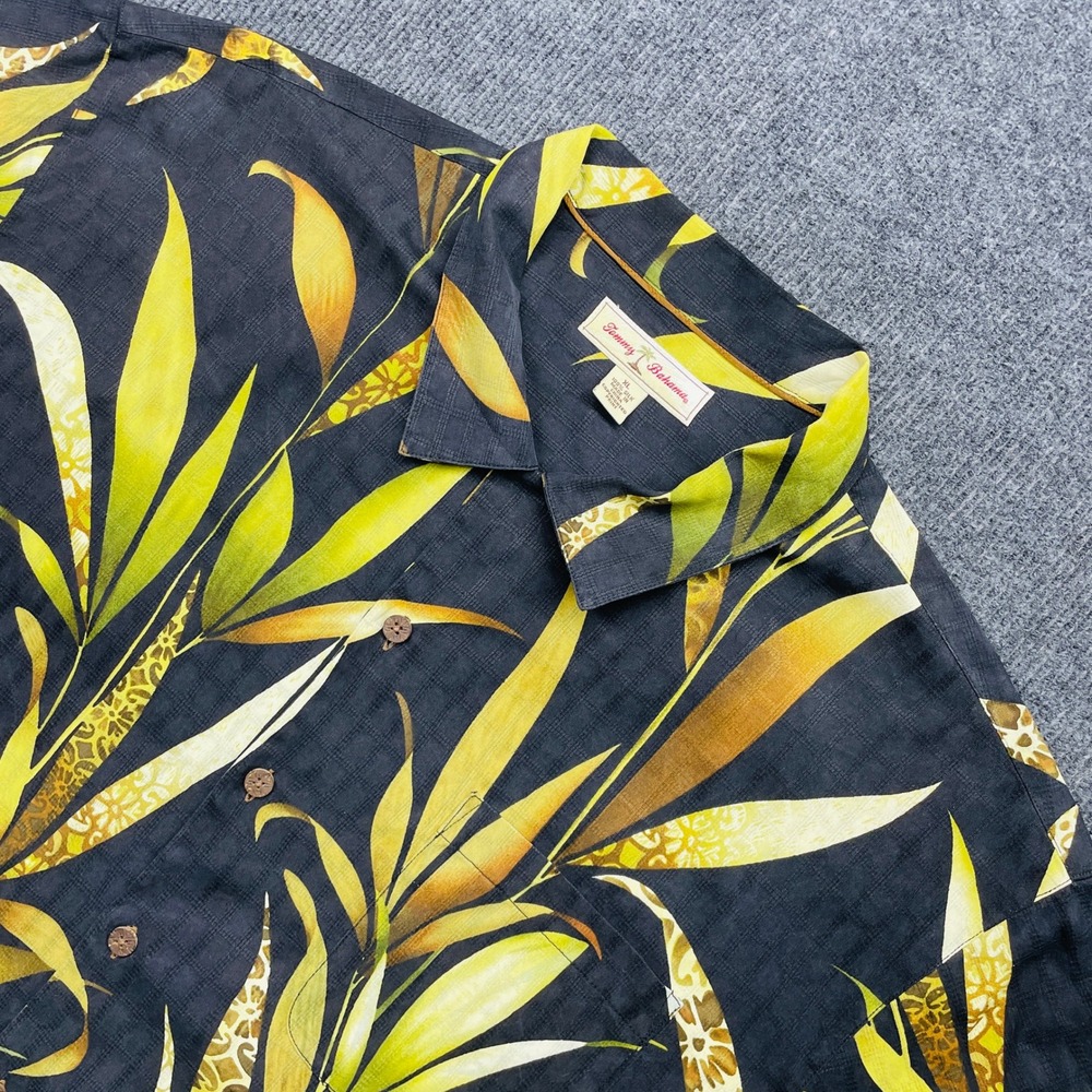Tommy Bahama Silk Tropical‎ Leaf Button Down Shirt XL Black Yellow Hawaiian Y2K